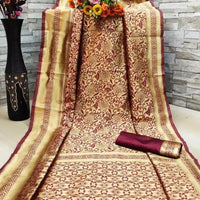 Banarasi Silk Saree With Blouse For Women (Golden And Dark Red, 6.3M)
